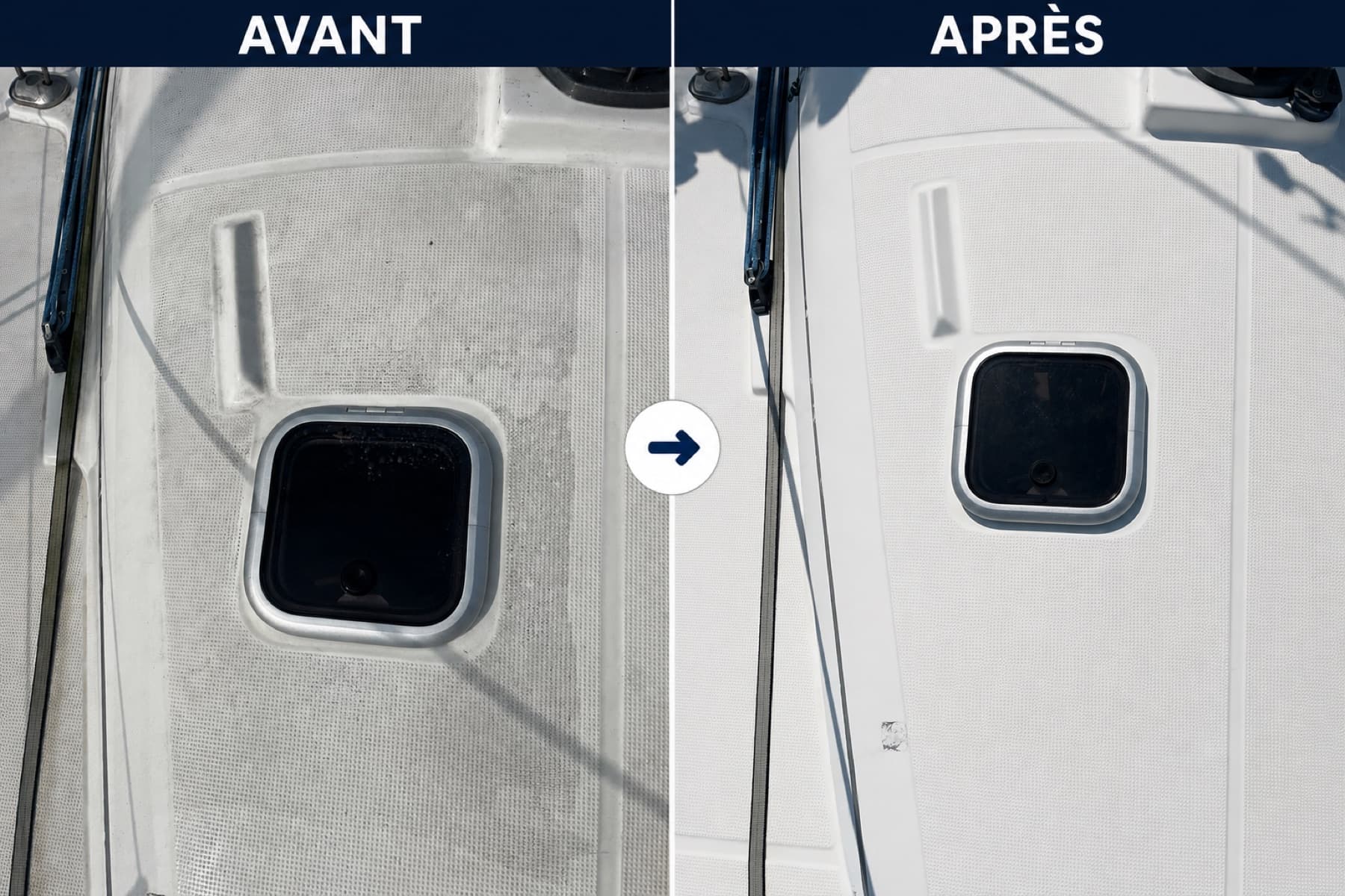 Comparaison avant et après le nettoyage du pont d’un bateau